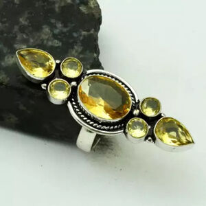 Yellow Citrine 925 Silver Plated Women's Ring Size 7 - 2" Long